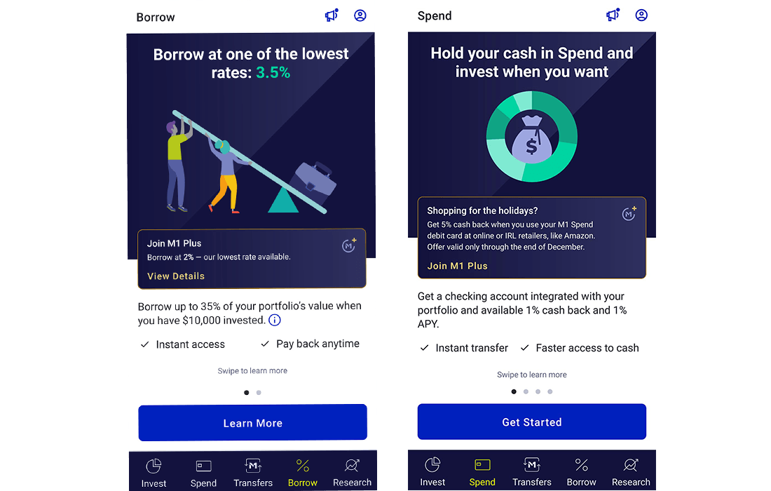 M1 Finance borrow and spend tabs