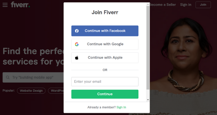 Sign up with Fiverr